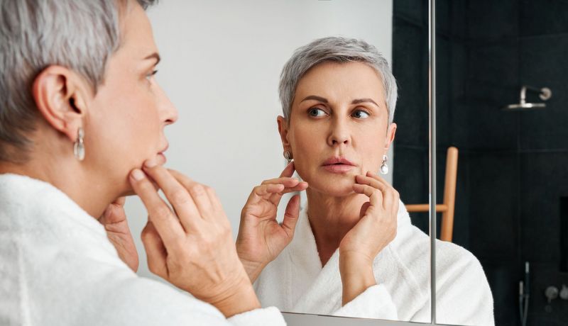 Lippenherpes: Frau betrachtet ihr Gesicht im Spiegel.